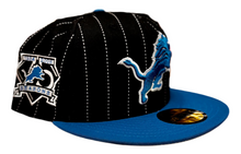 Load image into Gallery viewer, Detroit Lions New Era 5950 Black & Blue with White Stripes 75 Seasons Sidepatch 59Fifty Fitted Cap