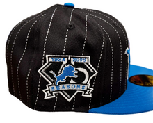 Load image into Gallery viewer, Detroit Lions New Era 5950 Black & Blue with White Stripes 75 Seasons Sidepatch 59Fifty Fitted Cap