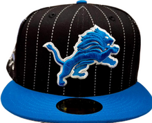 Load image into Gallery viewer, Detroit Lions New Era 5950 Black & Blue with White Stripes 75 Seasons Sidepatch 59Fifty Fitted Cap