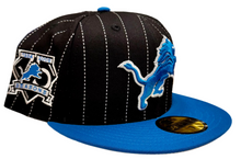 Load image into Gallery viewer, Detroit Lions New Era 5950 Black & Blue with White Stripes 75 Seasons Sidepatch 59Fifty Fitted Cap