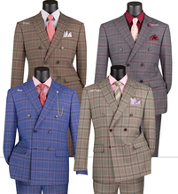 Load image into Gallery viewer, Modern Fit Double-Breasted Suit by Vinci in Brown, Charcoal, Blue & Light Taupe Colors.