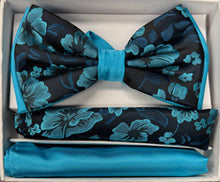 Load image into Gallery viewer, Two Tone Double Layered Pre-Tied Floral Design Bow Tie with Two Hankies # BT2T104