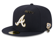 Load image into Gallery viewer, Atlanta Braves New Era Navy Gold 59Fifty 5950 Fitted Hat with 59Fifty Gold Colored Metal Pin