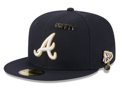 Atlanta Braves New Era Navy Gold 59Fifty 5950 Fitted Hat with 59Fifty Gold Colored Metal Pin