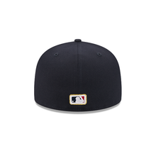 Load image into Gallery viewer, Atlanta Braves New Era Navy Gold 59Fifty 5950 Fitted Hat with 59Fifty Gold Colored Metal Pin