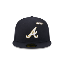 Load image into Gallery viewer, Atlanta Braves New Era Navy Gold 59Fifty 5950 Fitted Hat with 59Fifty Gold Colored Metal Pin