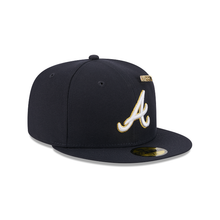 Load image into Gallery viewer, Atlanta Braves New Era Navy Gold 59Fifty 5950 Fitted Hat with 59Fifty Gold Colored Metal Pin