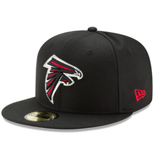 Load image into Gallery viewer, Atlanta Falcons New Era 59Fifty 5950 Black with Black &amp; Red Falcons Logo in White Outline Fitted Hat