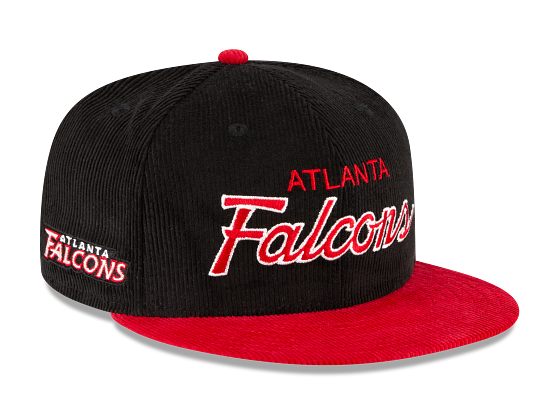 Black and red Atlanta Falcons cap on a Black background with red lettering.