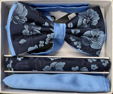 Load image into Gallery viewer, Two Tone Double Layered Pre-Tied Floral Design Bow Tie with Two Hankies # BT2T104