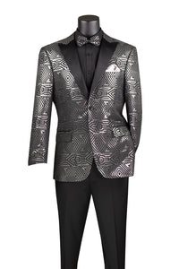 Modern Fit Single Breasted Two Button Sateen Lapel Jacquard Fabric Blazer with Matching Bow-Tie