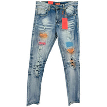 Load image into Gallery viewer, Ripped and Repaired Washed Denim with Spray Paint Stretch Slim Fit Jeans