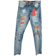 Ripped and Repaired Washed Denim with Spray Paint Stretch Slim Fit Jeans