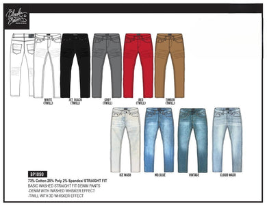 Straight Fit Stretch 3D Whisker Finish Washed Denim & Twill Jeans in 9 Colors by Bleecker & Mercer  # BP1090