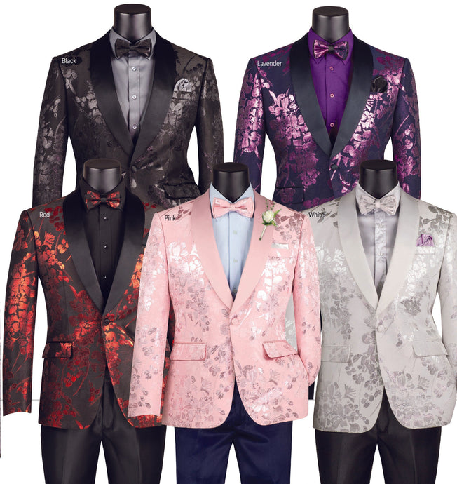 Shawl Lapel Single Breasted One Button Slim Fit Floral Pattern Jacquard Blazer with Matching Bowtie