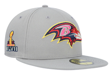 Load image into Gallery viewer, Baltimore Ravens New Era 59Fifty 5950 Color Pack Super Bowl XLV11 Side Patch Gray Fitted Cap