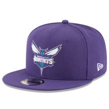 Load image into Gallery viewer, A purple Charlotte Hornets fitted baseball cap with a white, purple, and teal embroidered team logo on the front and a white New Era flag logo on the side.