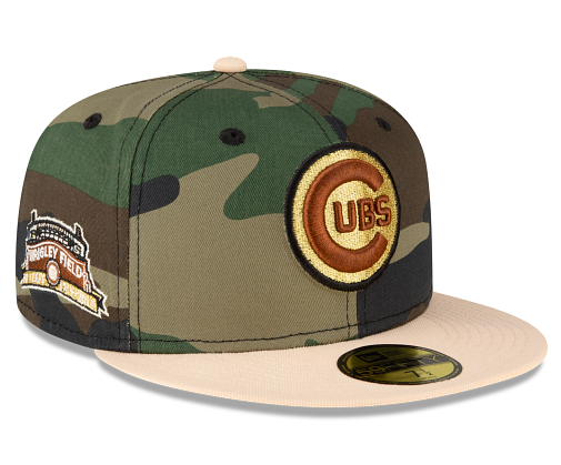 Camouflage baseball cap with Cubs logo on a tan background with a  tan visor and a Wrigley field side patch.