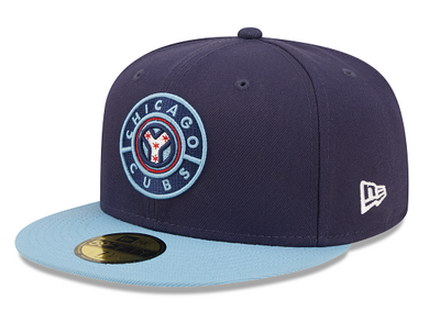 Navy and light blue baseball cap with Chicago Cubs logo on a Navy background and light blue visor