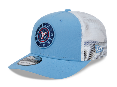 Light blue baseball cap with white mesh back and Chicago Cubs logo.
