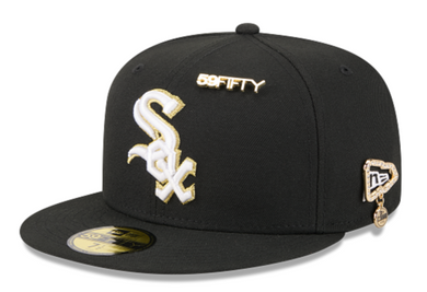 Chicago White Sox New Era Black Gold 59Fifty 5950 Fitted Hat with 59Fifty Gold Colored Metal Pin