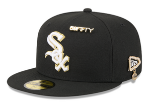 Chicago White Sox New Era Black Gold 59Fifty 5950 Fitted Hat with 59Fifty Gold Colored Metal Pin