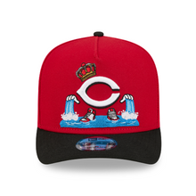 Load image into Gallery viewer, A red and black baseball cap featuring a front graphic of the Cincinnati Reds logo with a crown, shoes and water splashes.