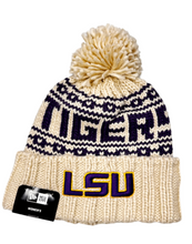 Load image into Gallery viewer, LSU Tigers New Era Pom Knit Cream Purple &amp; Gold Beanie Louisiana State University