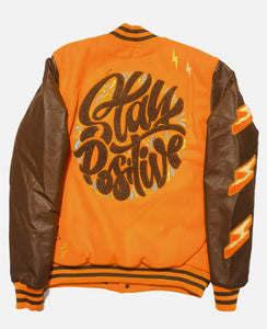 Stay Positive Varsity Jacket with Patches