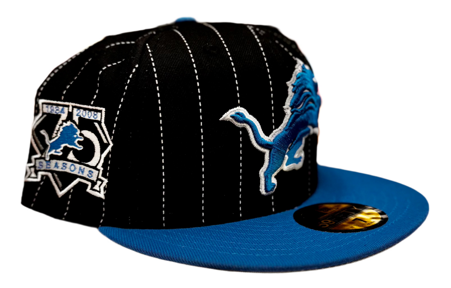 Detroit Lions New Era 5950 Black & Blue with White Stripes 75 Seasons Sidepatch 59Fifty Fitted Cap