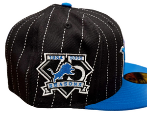 Detroit Lions New Era 5950 Black & Blue with White Stripes 75 Seasons Sidepatch 59Fifty Fitted Cap