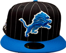 Load image into Gallery viewer, Detroit Lions New Era 5950 Black &amp; Blue with White Stripes 75 Seasons Sidepatch 59Fifty Fitted Cap