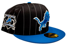 Load image into Gallery viewer, Detroit Lions New Era 5950 Black &amp; Blue with White Stripes 75 Seasons Sidepatch 59Fifty Fitted Cap