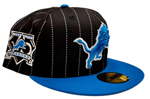 Detroit Lions New Era 5950 Black & Blue with White Stripes 75 Seasons Sidepatch 59Fifty Fitted Cap