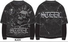 Load image into Gallery viewer, Front and back views of a black long-sleeve graphic sweater with distressed details, featuring a large skull and gothic 'STEEL' text on the front, and 'STEEL' text across the back.