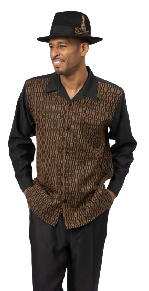 Patterned black and cognac shirt with matching black pants.