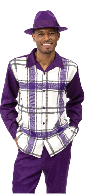 Purple dressy outfit with a plaid shirt and matching purple pants.