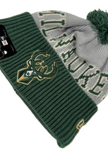 Load image into Gallery viewer, Green and gray knit Milwaukee bucks beanie with logo and text 