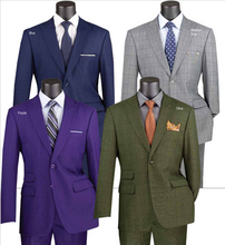 Load image into Gallery viewer, Modern Fit Windowpane Single Breasted Suit in Olive, Purple, Medium Gray &amp; Blue # MRW1