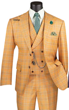 Load image into Gallery viewer, Modern Fit Windowpane Plaid Single Breasted Vested 3 Pc Suit in Blue, Khaki, Orange &amp; Purple # MV2W3