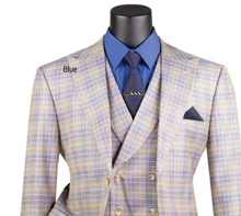 Load image into Gallery viewer, Modern Fit Windowpane Plaid Single Breasted Vested 3 Pc Suit in Blue, Khaki, Orange &amp; Purple # MV2W3