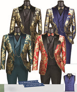 Modern Fit Single Breasted 3 Piece Luxurious Jacquard Fabric Suit Tux with matching Bow Tie