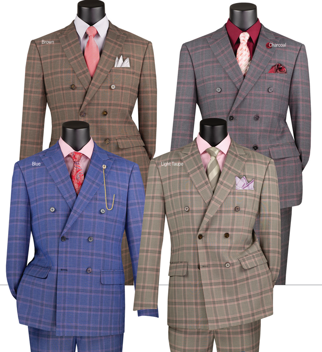 Modern Fit Double-Breasted Suit by Vinci in Brown, Charcoal, Blue & Light Taupe Colors.