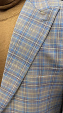 Load image into Gallery viewer, Close-up of a blue and khaki plaid suit jacket
