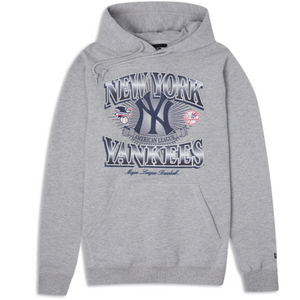 Gray New York Yankees New Era hoodie with 'New York' text on the back and New York Yankees graphic logo on front