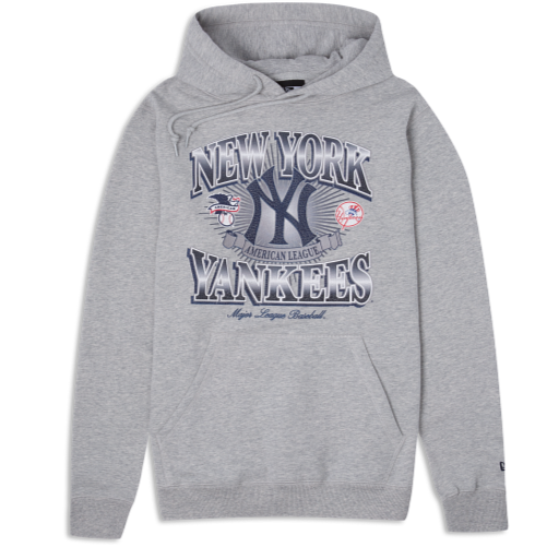 Gray New York Yankees New Era hoodie with 'New York' text on the back and New York Yankees graphic logo on front