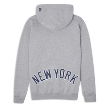 Load image into Gallery viewer, Gray New York Yankees New Era hoodie with &#39;New York&#39; text on the back and NY  Yankees graphic logo on front