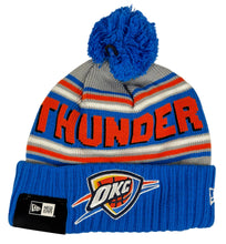 Load image into Gallery viewer, Gray beanie with blue pom-pom, orange text 'THUNDER', and Oklahoma City Thunder logo 