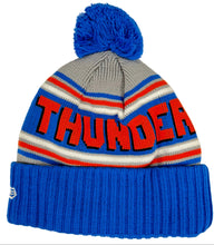 Load image into Gallery viewer, Knitted beanie with 'THUNDER' text and blue pom-pom 