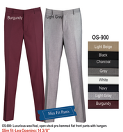 A collection of slim fit dress pants in various colors including light beige, black, charcoal, gray, and white, with a flat front design.
